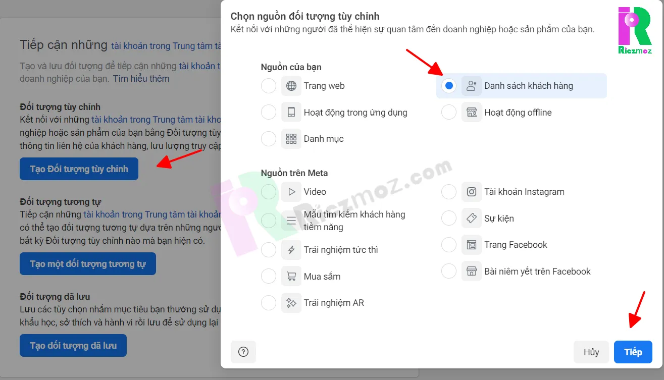 Tạo Đối tượng tùy chỉnh từ danh sách khách hàng để chạy quảng cáo Facebook