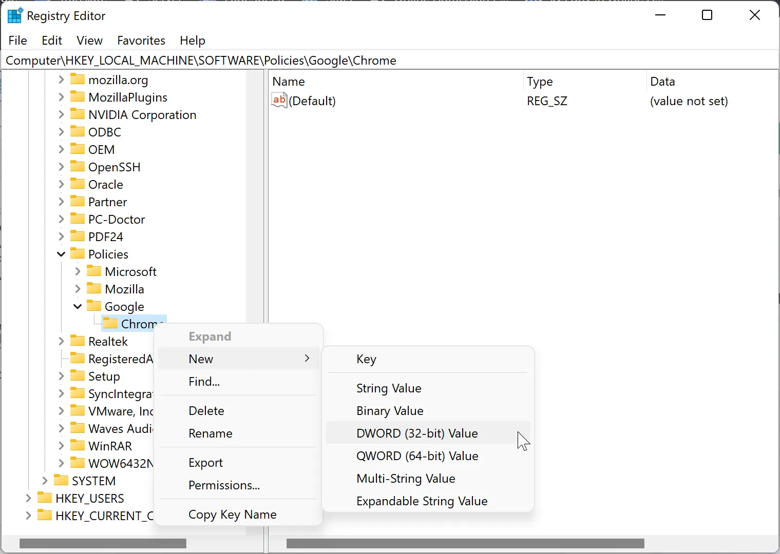 Tạo giá trị DWORD (32-bit) mới trong khóa Chrome