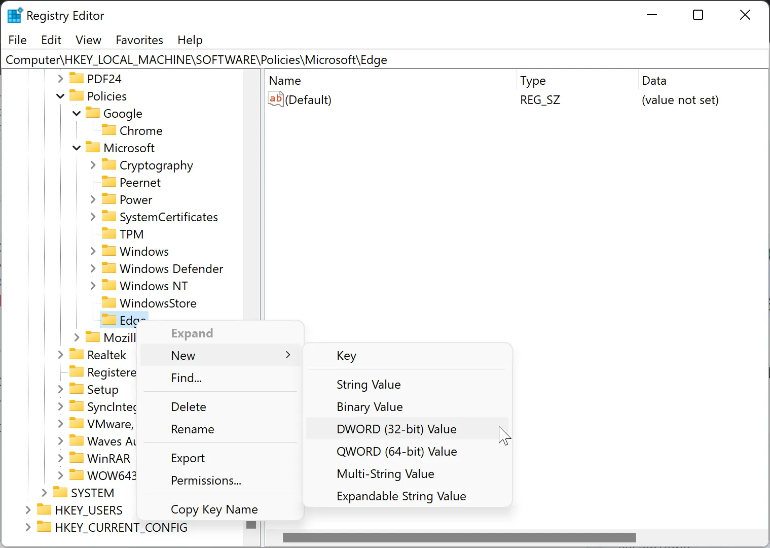 Tạo giá trị DWORD (32-bit) mới trong khóa Edge