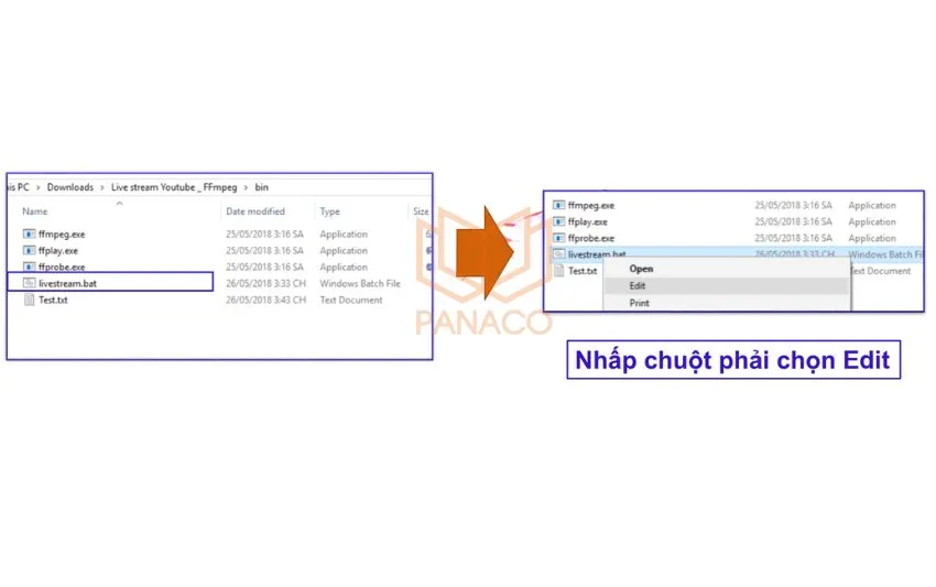 Tạo hoặc chỉnh sửa file .bat trong thư mục Bin của FFmpeg để chạy lệnh stream