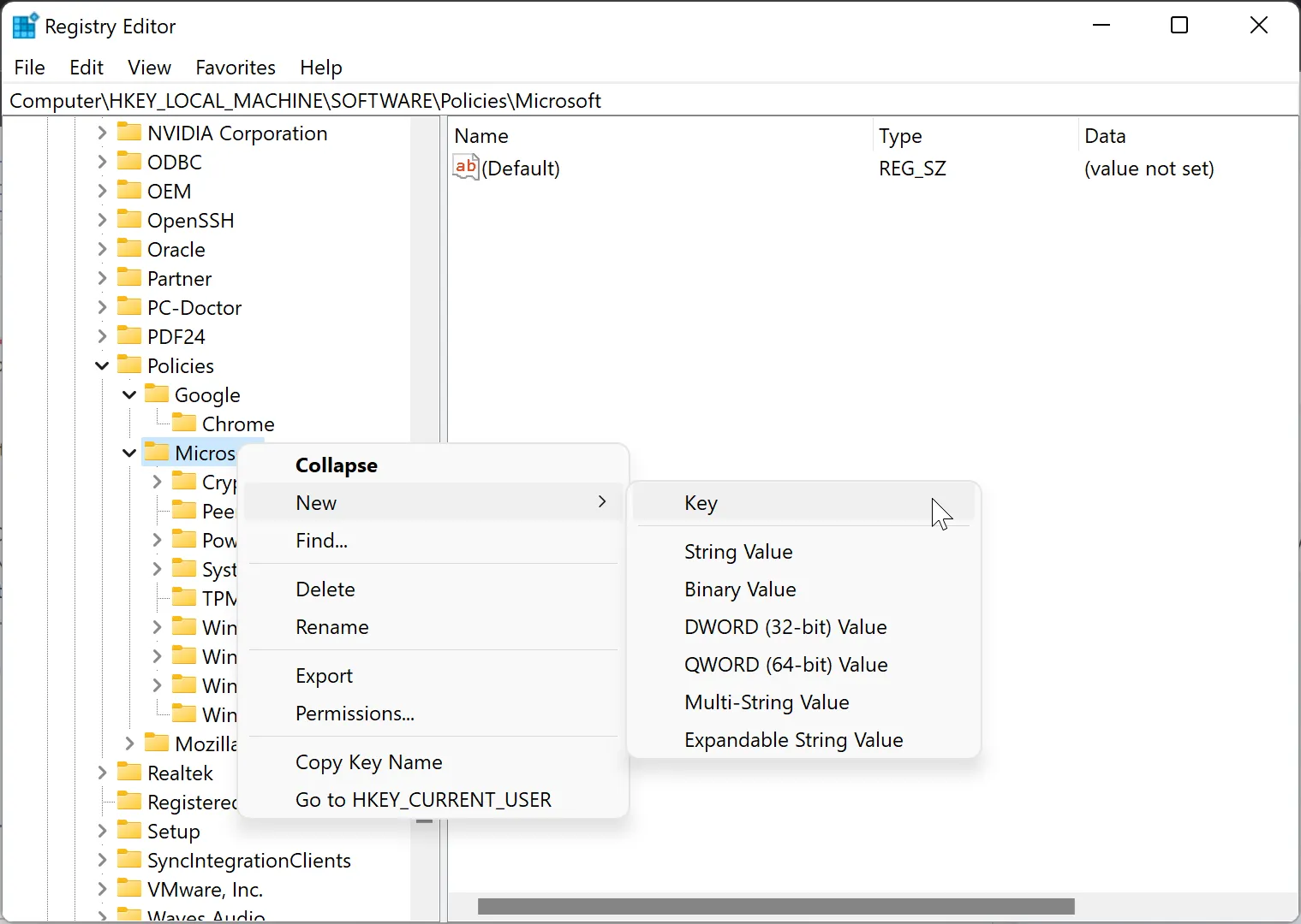 Tạo khóa (Key) mới dưới thư mục Microsoft