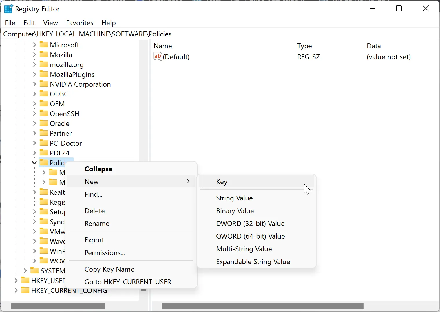 Tạo khóa (Key) mới dưới thư mục Policies để cài đặt không lưu lịch sử duyệt web