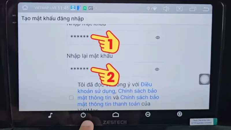 Tạo mật khẩu mới khi thực hiện cài đặt Vietmap trên màn hình ô tô