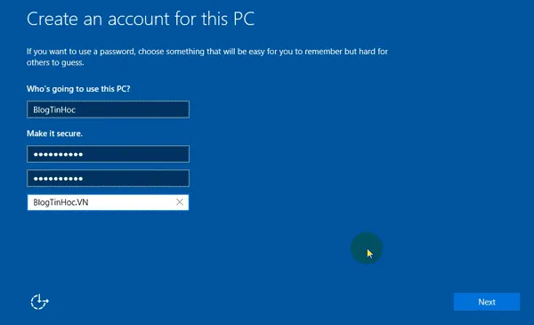Tạo tài khoản người dùng và click Next
