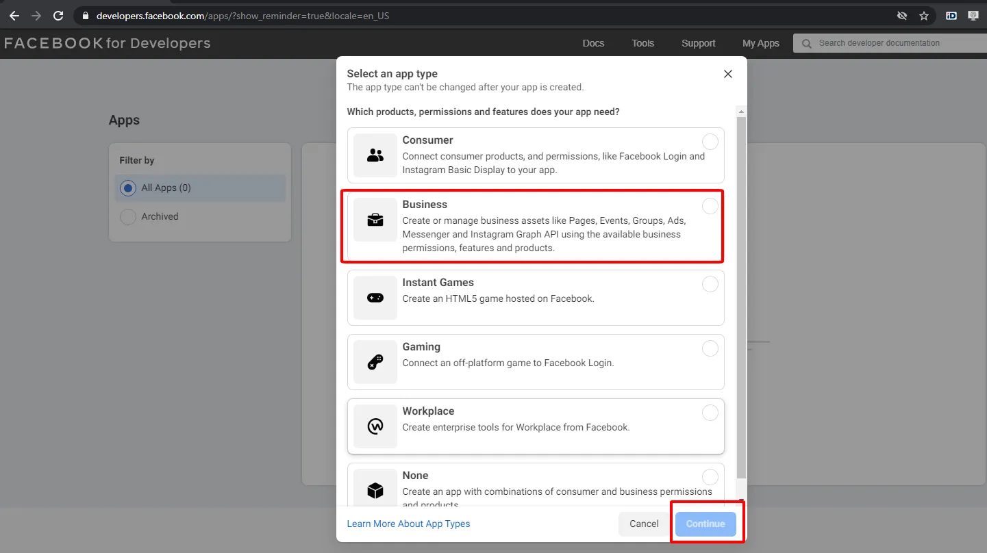Tạo ứng dụng mới và chọn loại ứng dụng Kinh doanh (Business)