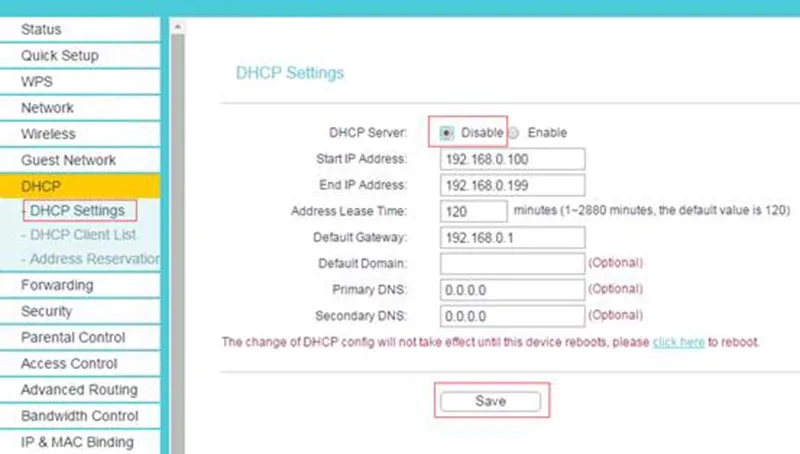 Tắt mục DHCP để tránh việc Modem WiFi tự động cập nhật địa chỉ IP mới.
