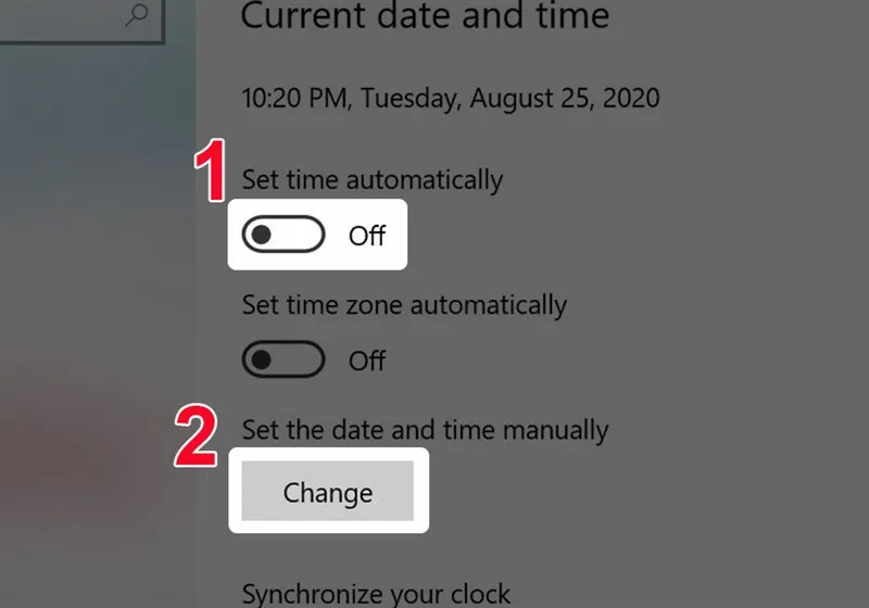 Tắt Set time automatically và nhấn Change để cài giờ win 10 thủ công