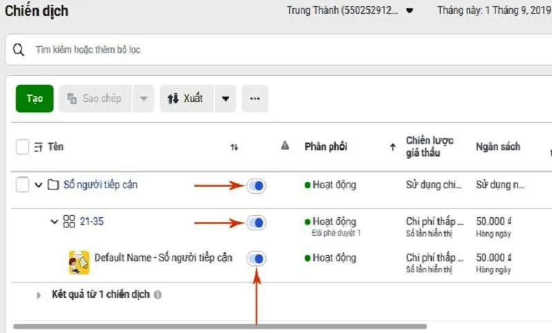 Tắt trạng thái chiến dịch quảng cáo trong Trình quản lý ads