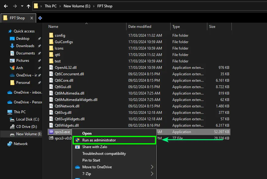 Tệp rpcs3.exe cần được khởi chạy bằng quyền Run as administrator để đảm bảo quyền truy cập khi giả lập PS3