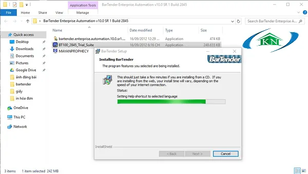 Thanh tiến trình hiển thị quá trình Bartender đang cài đặt