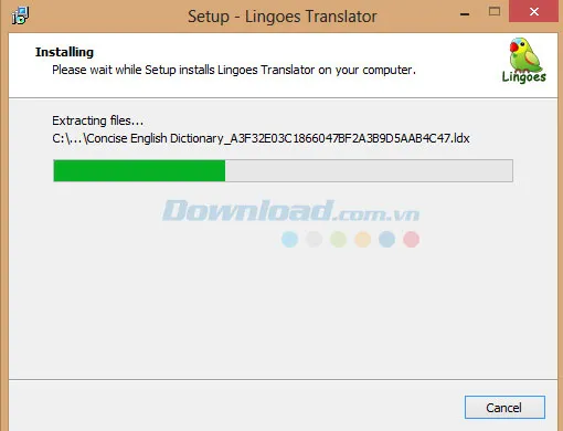 Thanh tiến trình hiển thị quá trình cài đặt Lingoes đang diễn ra