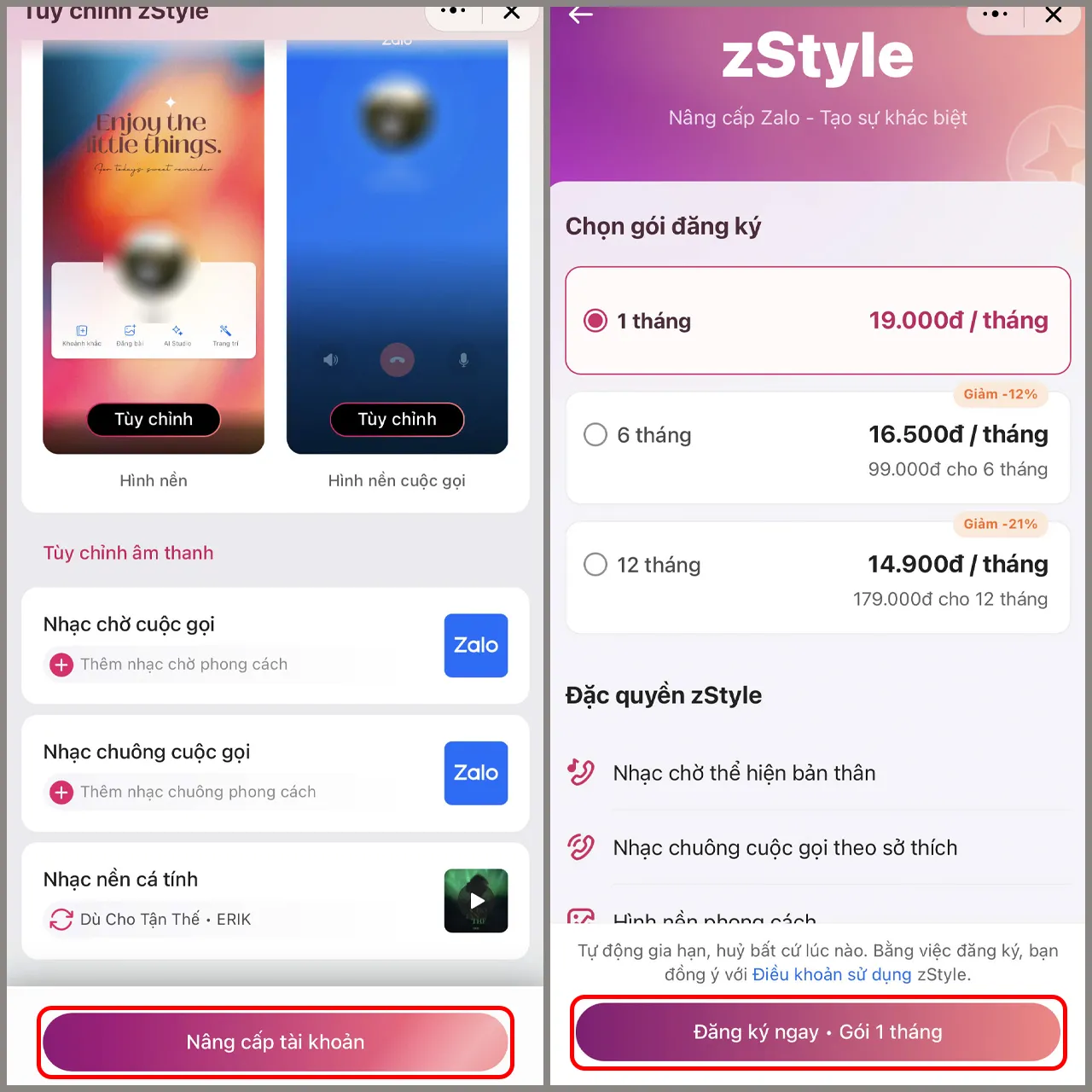 Thanh toán gói zStyle Zalo để hoàn tất cách cài nhạc nền trên zalo