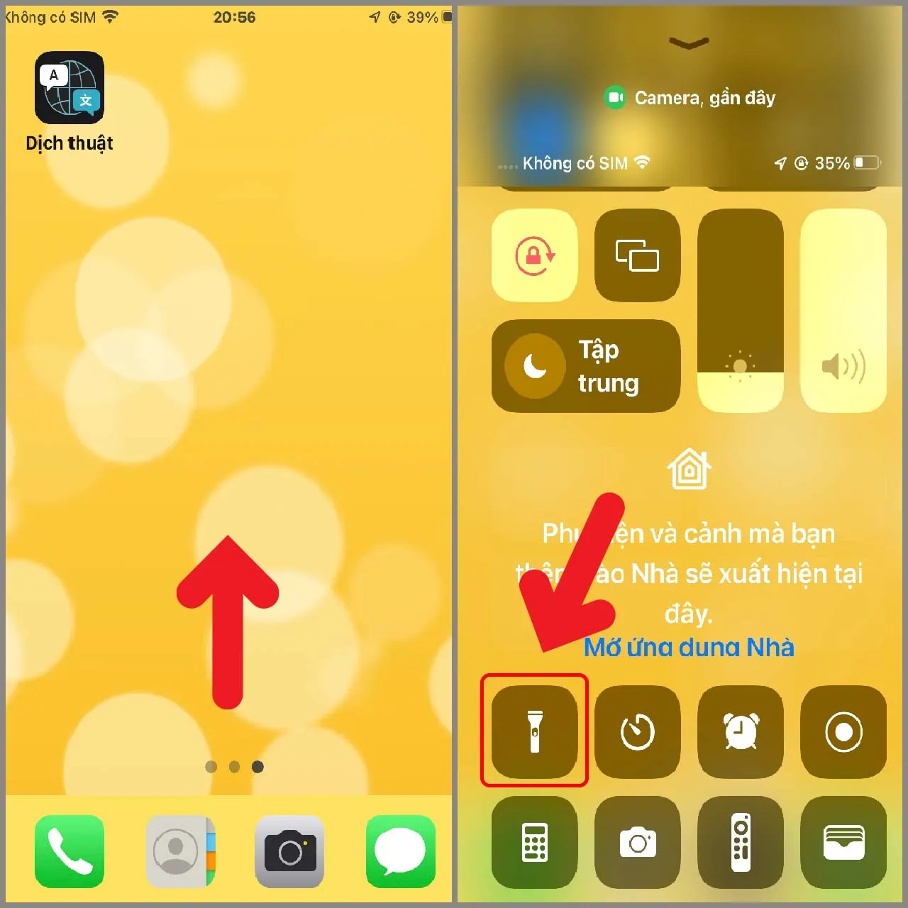 Thao tác bật tắt đèn pin nhanh chóng trong Trung tâm điều khiển, áp dụng cho cách cài đèn nháy cho iPhone 6s Plus