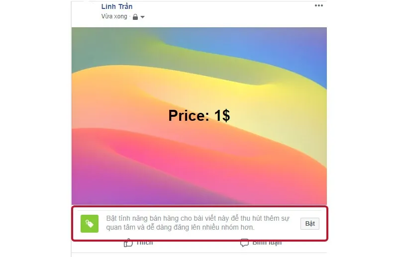 Thao tác bật tính năng bán hàng trên bài viết Facebook cá nhân