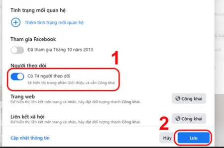 Thao tác bật tùy chọn Người theo dõi trong phần Chỉnh sửa chi tiết và Lưu lại