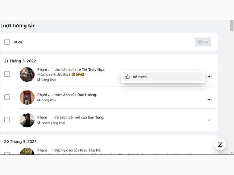 Thao tác Bỏ thích