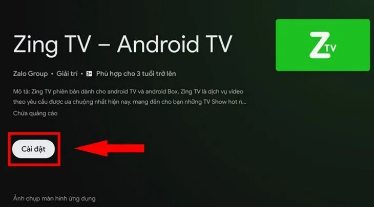 Thao tác Cài đặt ứng dụng khác, ví dụ Zing TV