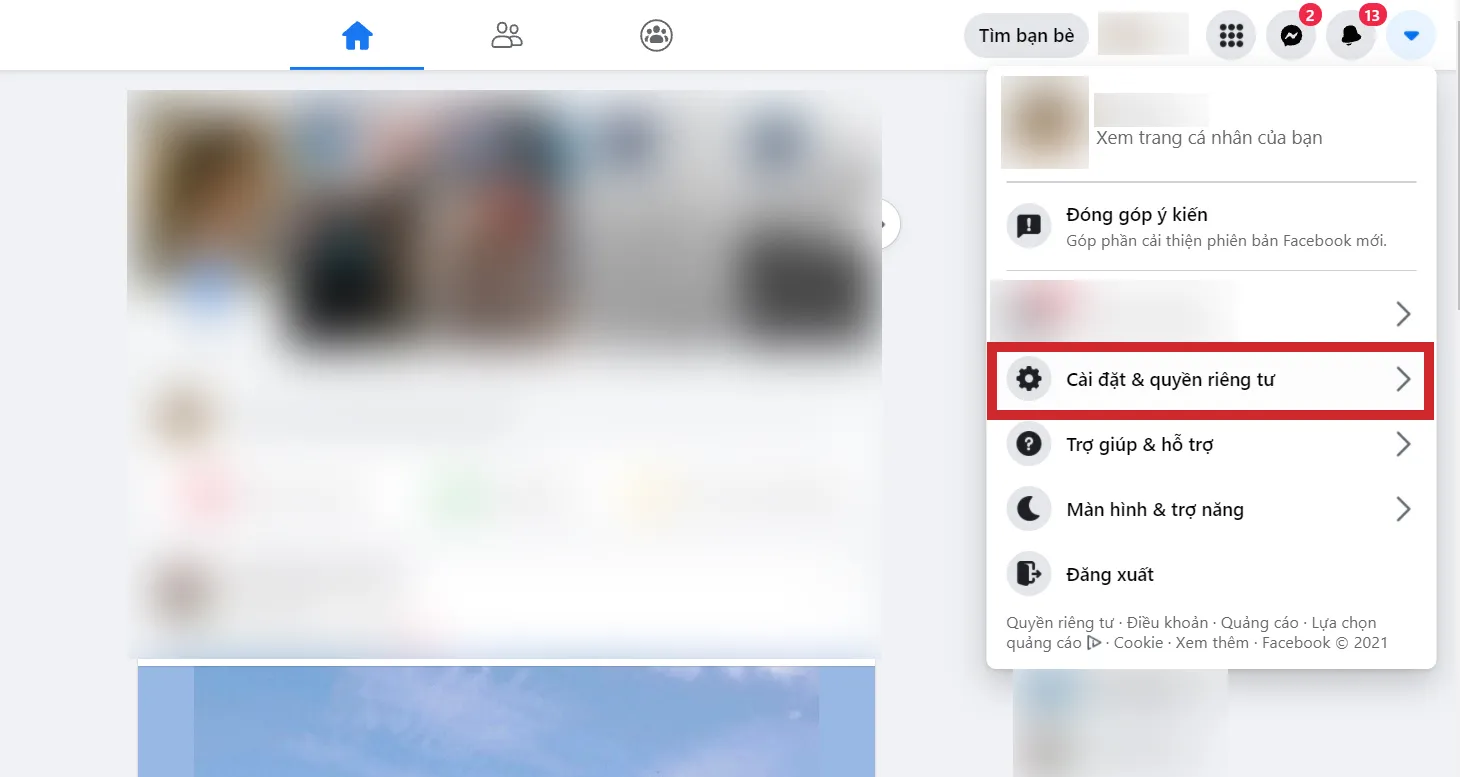 Thao tác chọn Cài đặt & quyền riêng tư trên giao diện máy tính