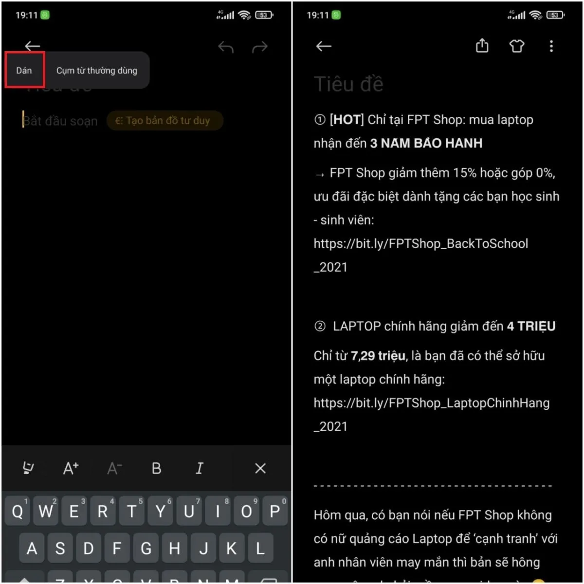 Thao tác dán nội dung bài viết vừa copy trên Facebook vào ứng dụng Ghi chú của Android