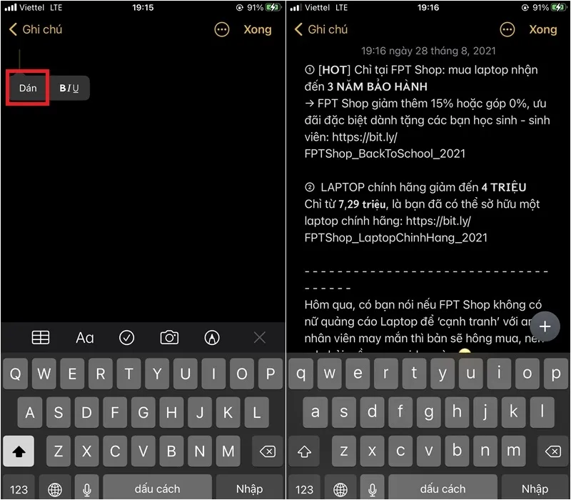 Thao tác dán nội dung bài viết vừa copy trên Facebook vào ứng dụng Ghi chú của iPhone