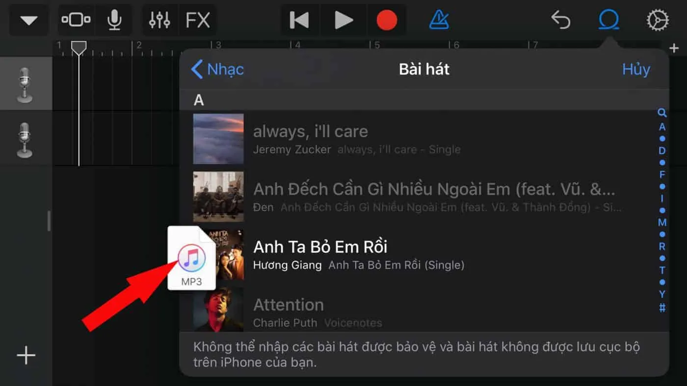 Thao tác kéo thả file nhạc vào khu vực chỉnh sửa để tạo nhạc chuông