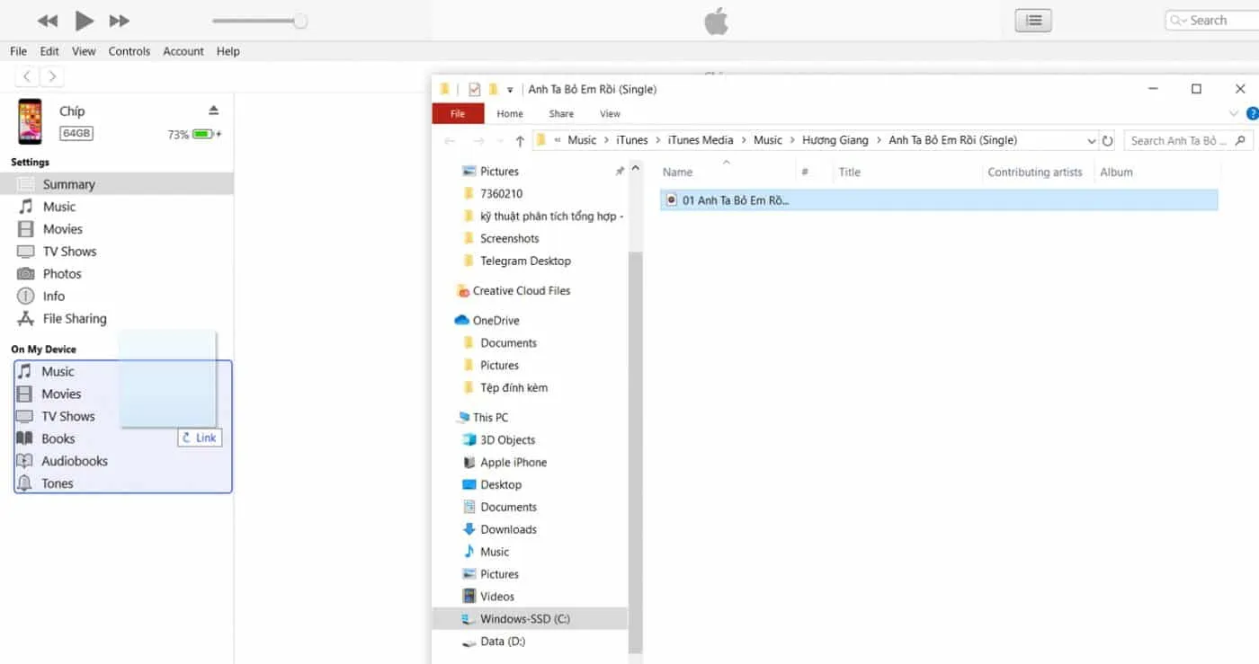 Thao tác kéo và thả file nhạc chuông vào mục thiết bị itel