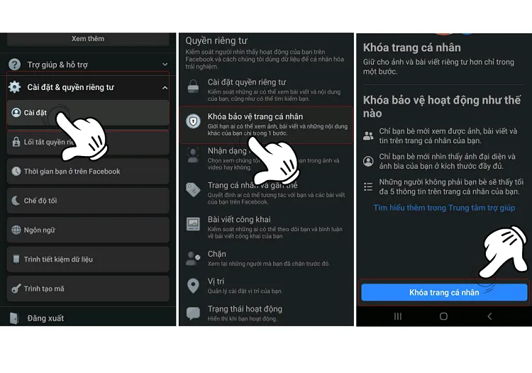 Thao tác Khóa trang cá nhân trong mục Cài đặt quyền riêng tư