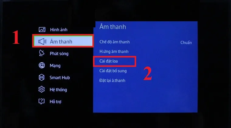 Thao tác Menu > Âm thanh > Cài đặt loa trên Tivi Samsung cho kết nối SoundConnect