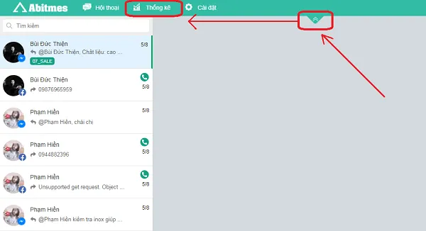 Thao tác mở chọn bảng Thống kê tin nhắn