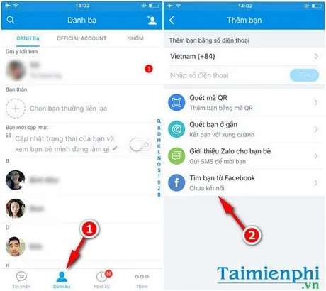 Thao tác nhấn vào mục 'Tìm bạn từ Facebook' trong giao diện Kết bạn của Zalo
