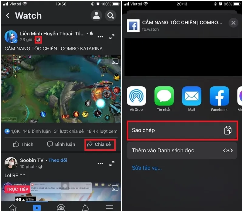 Thao tác Sao chép liên kết video công khai từ Facebook trên iPhone