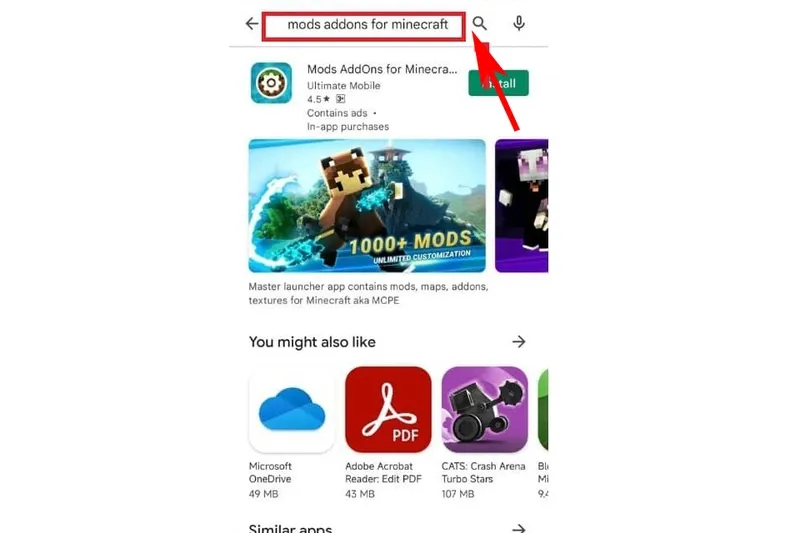 Thao tác tìm kiếm ứng dụng Mods AddOns for Minecraft PE trên Google Play Store