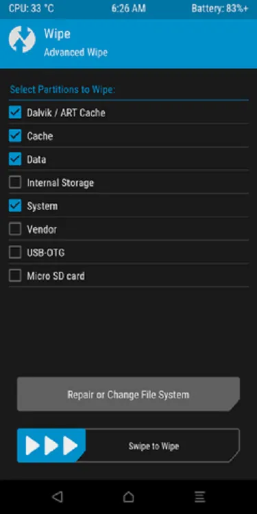 Thao tác Wipe Advanced trong TWRP trước khi cài ROM Tiếng Việt