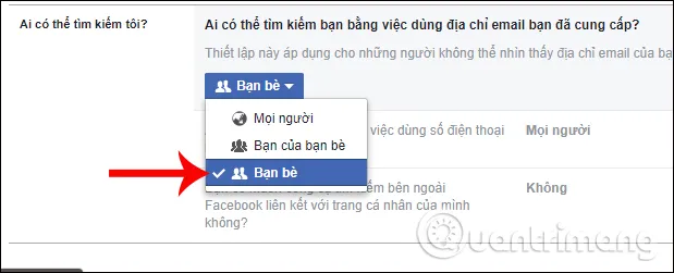 Thay đổi cài đặt cách tìm kiếm tài khoản facebook qua email sang chế độ Bạn bè