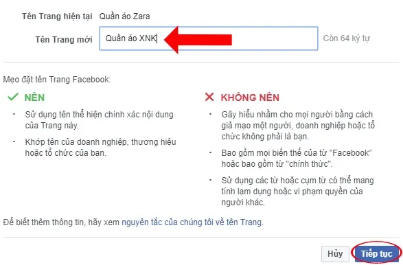 Thay đổi tên page Facebook