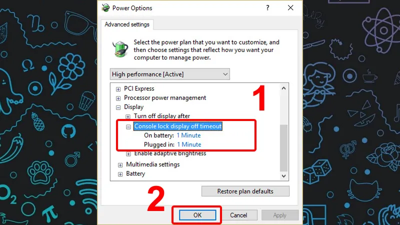 Thay đổi thời gian tại Console lock display off timeout trong Power Options