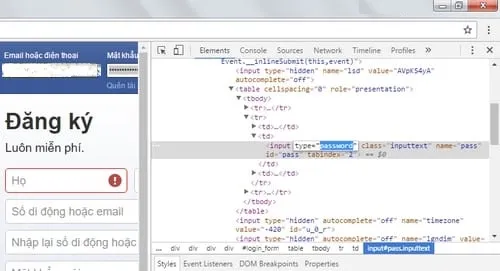 Thay đổi thuộc tính password thành text trong mã nguồn để xem mật khẩu