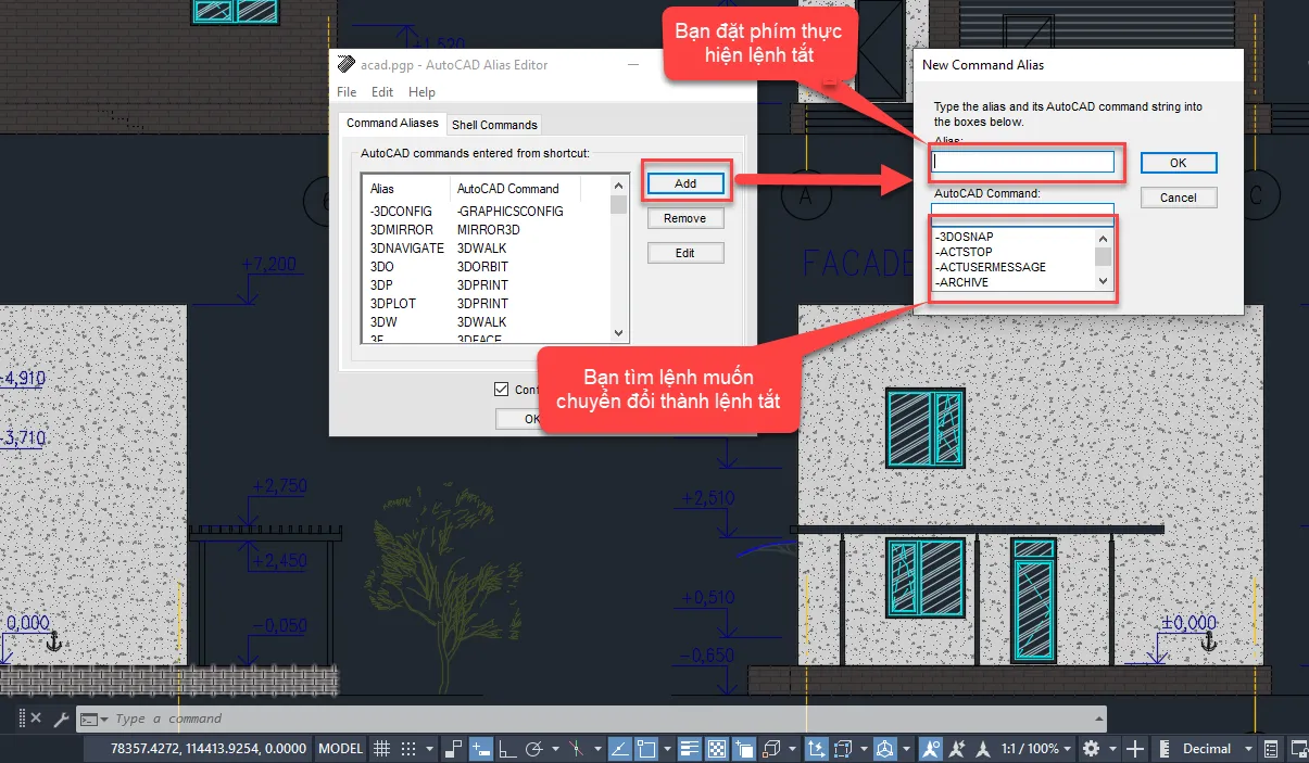 Thêm Alias mới và tên lệnh đầy đủ trong cửa sổ Command Aliases để tùy chỉnh cách cài lệnh tắt trong CAD