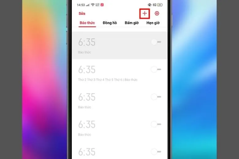 Thêm cài đặt báo thức mới bằng dấu cộng