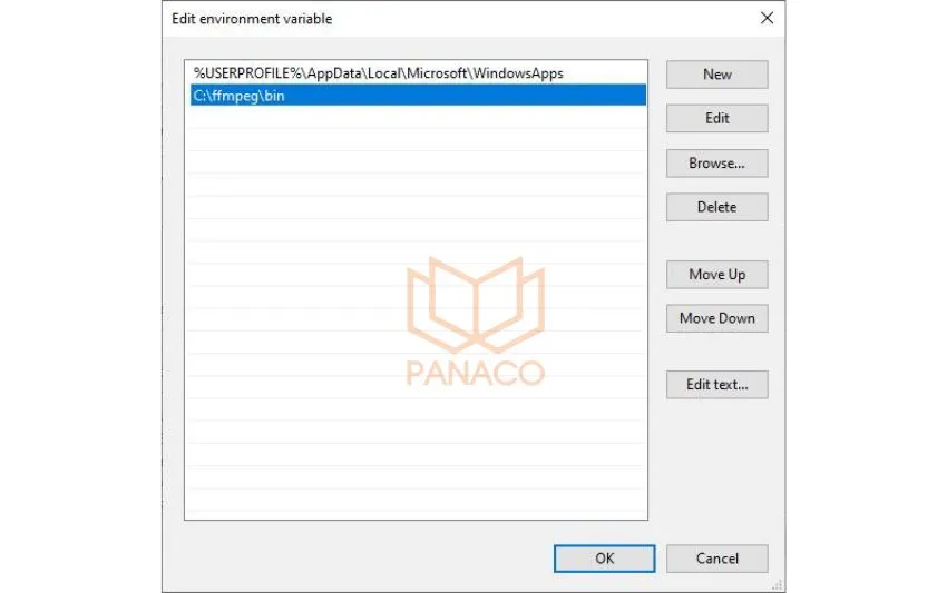 Thêm đường dẫn C:ffmpegbin vào Path để hoàn tất cấu hình FFmpeg