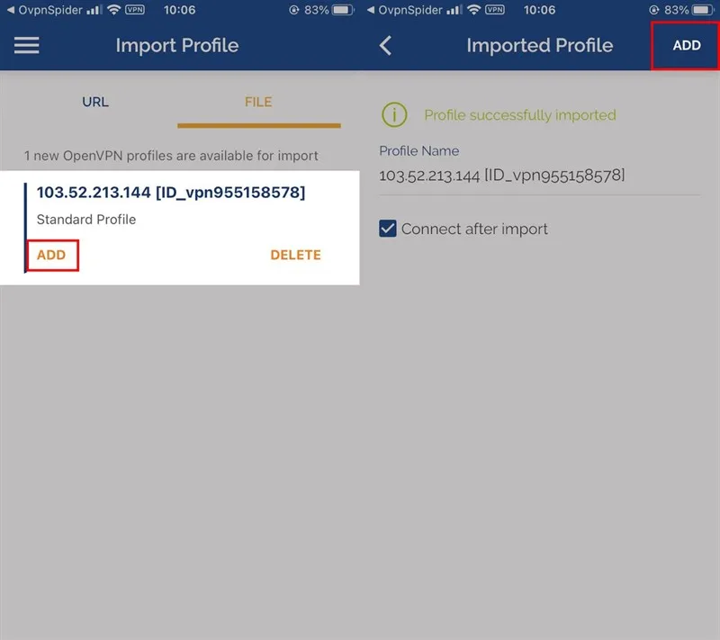Thêm hồ sơ VPN mới vào OpenVPN bằng cách chọn ADD