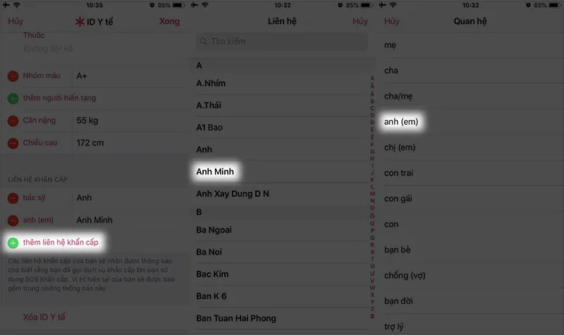 Thêm liên hệ khẩn cấp và lựa chọn mối quan hệ (bố mẹ, vợ chồng) để người thân dễ nhận biết