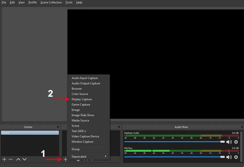 Thêm nguồn Display Capture trong OBS, bước đầu tiên để stream game trên facebook
