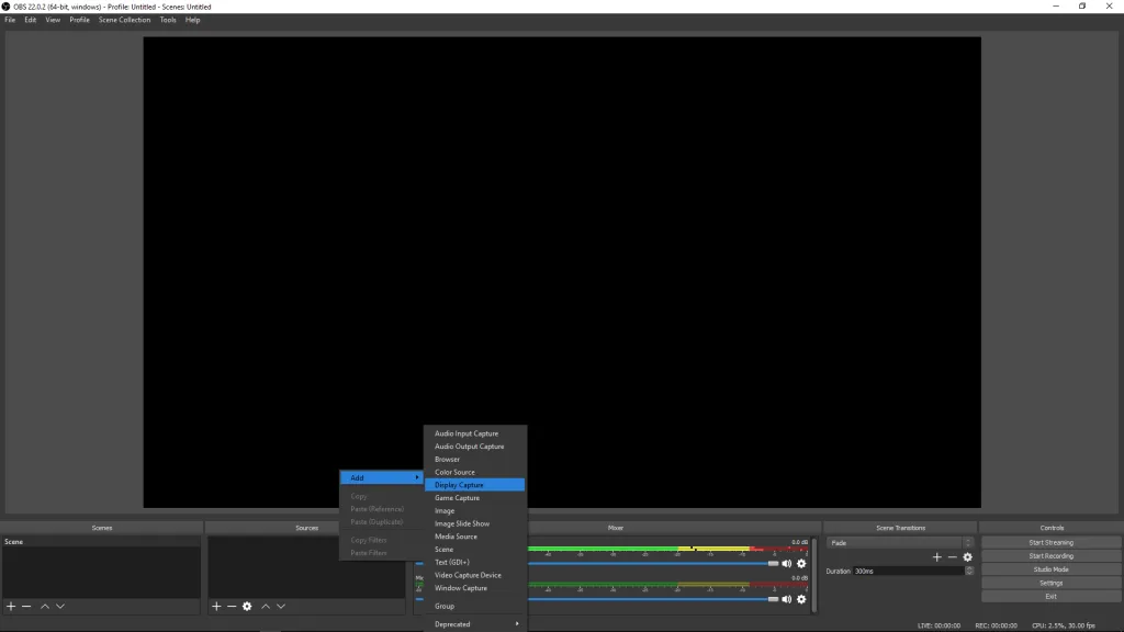 Thêm nguồn Display Capture vào OBS Studio (bước này sẽ được thay thế bằng Window Capture)