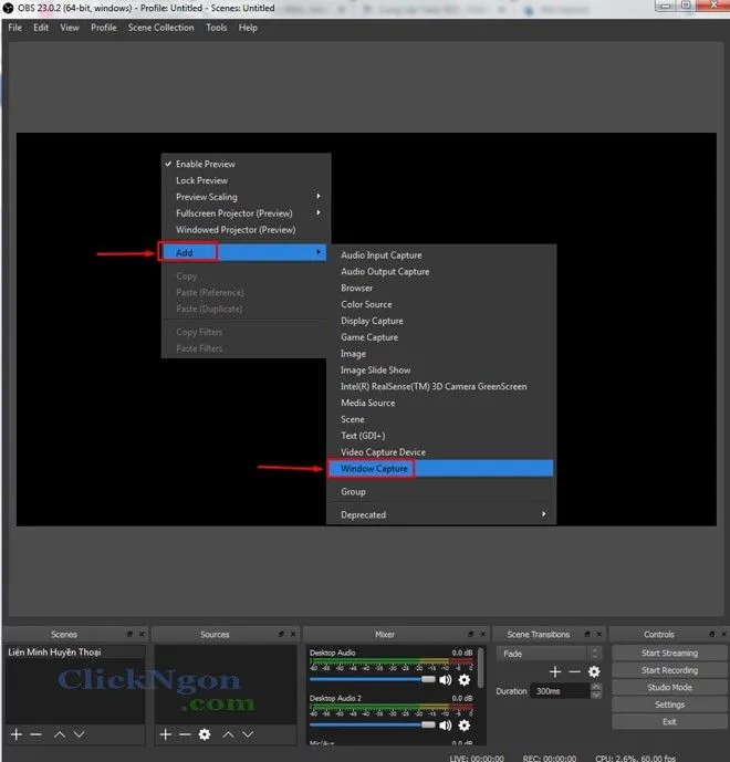 Thêm nguồn phát Game Capture hoặc Window Capture trong OBS Studio