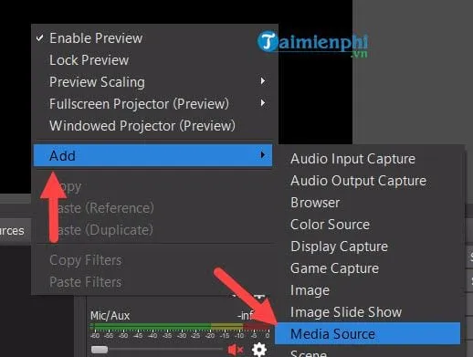 Thêm Nguồn (Source) trong OBS Studio, chọn Media Source