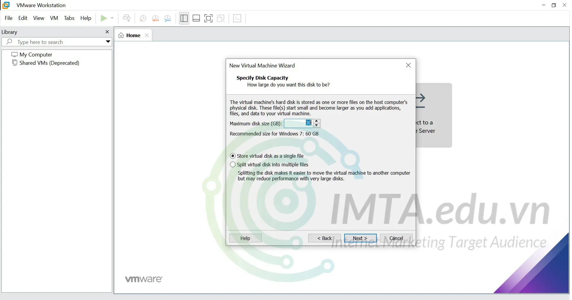 Thiết đặt dung lượng lưu trữ cho máy ảo