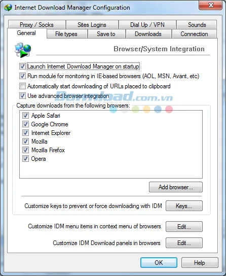 Thiết lập các tùy chọn tích hợp và khởi động tự động trong tab General của IDM.