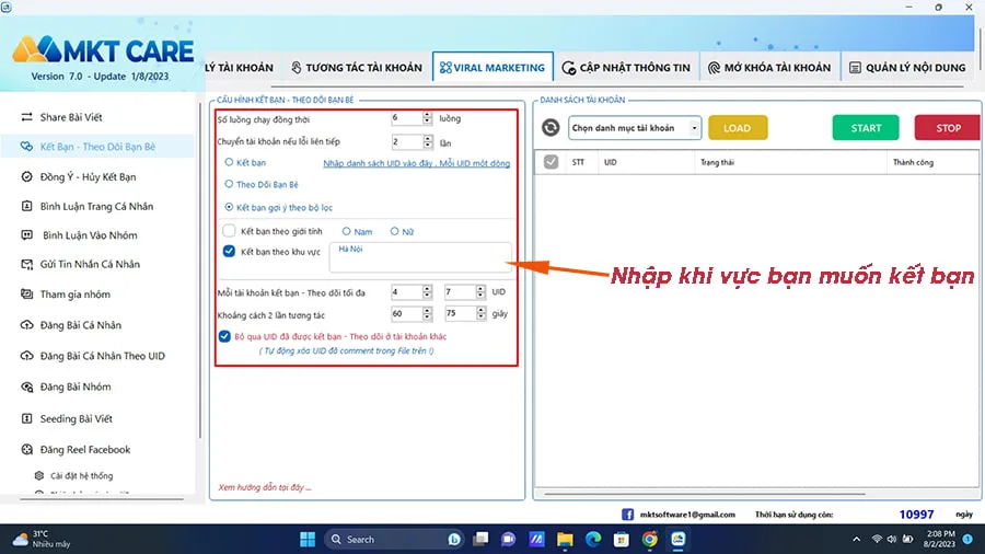 Thiết lập cấu hình kết bạn theo khu vực