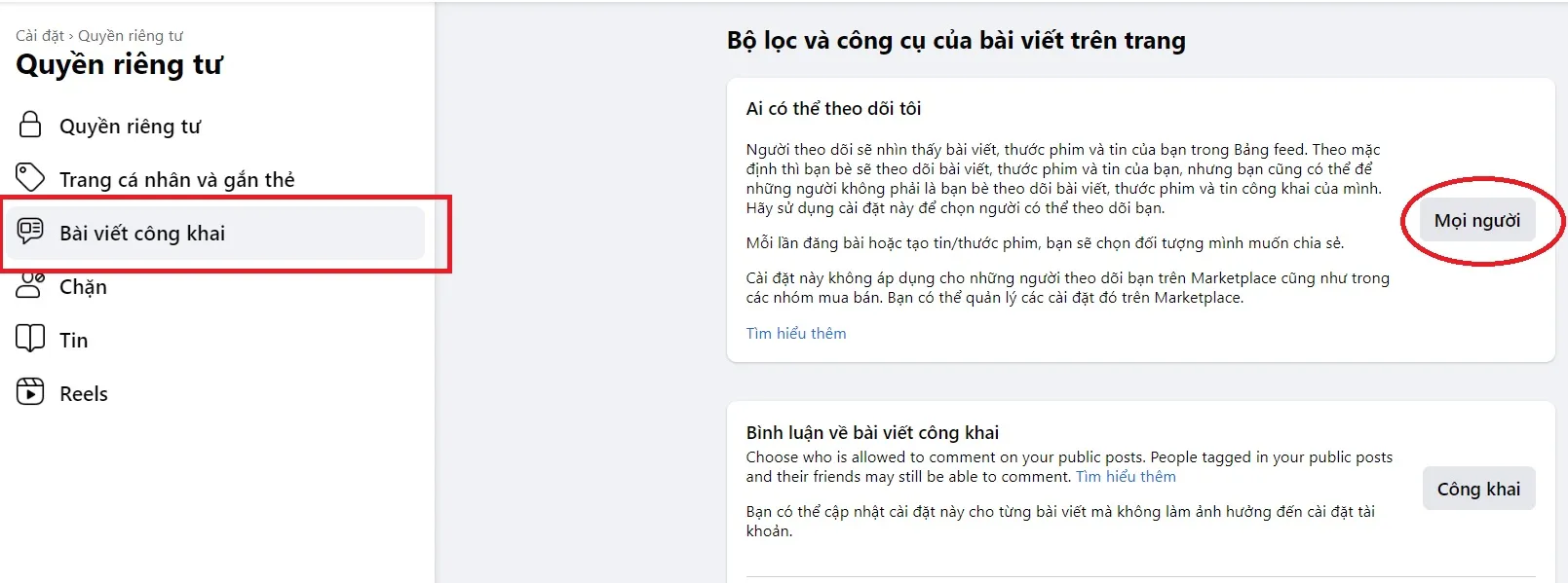 Thiết lập chế độ Mọi người cho mục Ai có thể theo dõi tôi